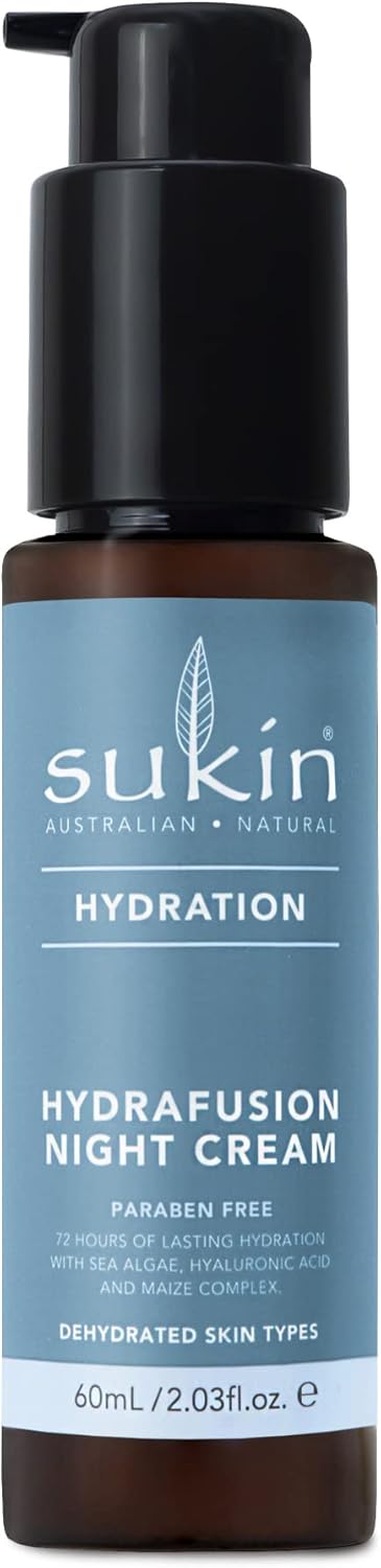 Sukin Hydration Hydrafusion Night Cream for Dehydrated Skin, Hydrate with Sea Algae, hyaluronic Acid, Maize Complex, Vegan safe Cream, Carbon Neutral, 99% Natural Oils, 60ml