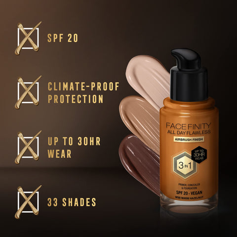 Max Factor Facefinity 3-in-1 All Day Flawless Liquid Foundation, SPF 20 - 98 Warm Hazelnut, 30 ml