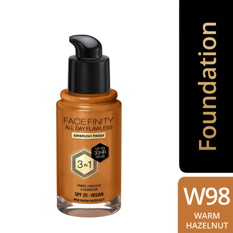 Max Factor Facefinity 3-in-1 All Day Flawless Liquid Foundation, SPF 20 - 98 Warm Hazelnut, 30 ml