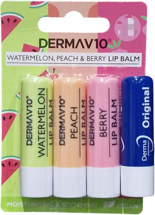 Derma V10 Trio Pack 1 of Each Lip balm Peach Watermelon Berry AND 1 Original Derma intensive with Vitamin E Lip Balm 4.8g
