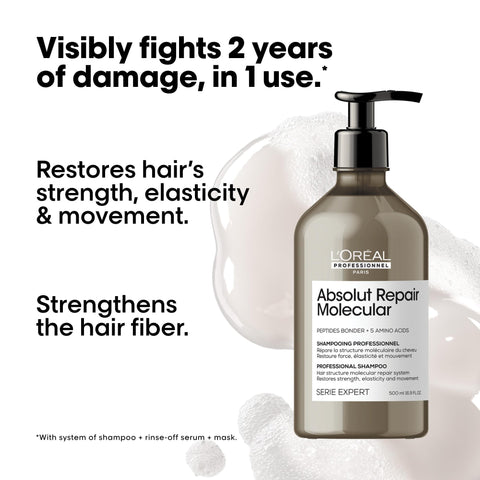 L’Oréal Professionnel Absolut Repair Molecular Sulphate Free Shampoo, For Extremely Damaged Hair, Molecular Peptides Bond Repair, Restore Strength & Elasticity