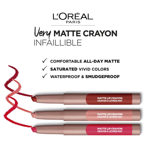 L'Oreal Paris Infallible Very Matte Lip Crayon Lipstick, Smudge Proof, Pink Lipstick, 111 A Little Chilli
