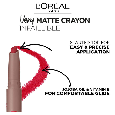 L'Oreal Paris Infallible Very Matte Lip Crayon Lipstick, Smudge Proof, Pink Lipstick, 111 A Little Chilli
