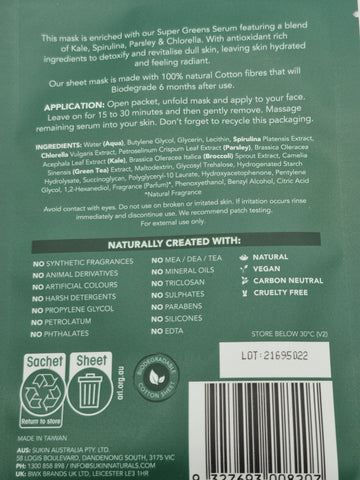 Sukin Super Greens Detoxifying Sheet Mask Sachet x2